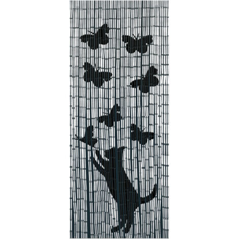 Wenko – Rideau en bambou 90x200 cm – Motif chat et papillons – 65 bâtons – Intérieur et extérieur – Protection contre les insectes