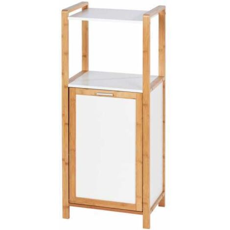 WENKO Scaffale con scomparto portabiancheria Finja - Scaffale per la stanza da bagno con portabiancheria Capacità: 30 l, Bambù, 40 x 95 x 30 cm, Marrone