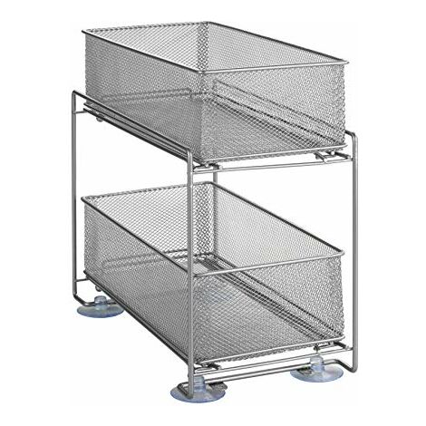 WENKO Scaffale divisorio Gioma, portaoggetti da cucina a 2 ripiani e cestello estraibile per armadietto o piano cucina, scaffale in metallo verniciato a polvere, 35 x 33,5 x 18,5 cm, argento opaco