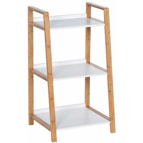 WENKO Scaffale per bagno Finja in bambù, piccolo mobiletto da bagno, 3 ripiani a terra, Bambù - MDF, 43x76x36 cm, Bianco - Marrone