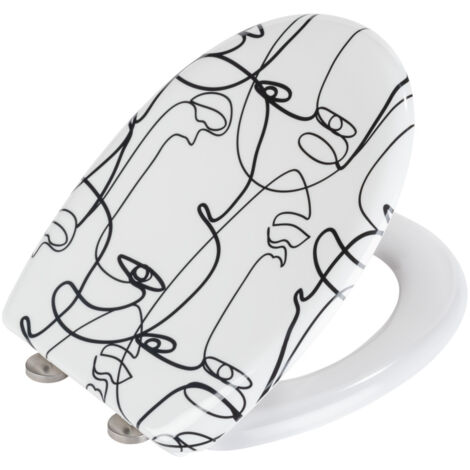 Wenko Sedile Wc Faces con Design Duroplast, Meccanismo di Abbassamento Automatico Easy-Close e Fissaggio Igienico Fix-Clip in Acciaio Inox, Antibatterico e Antigraffio, 38 X 45 Cm, Bianco/Nero