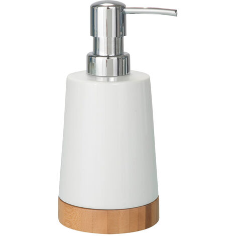 WENKO Seifenspender Bamboo Keramik, 330 ml, Weiß, Keramik weiß, Bambus