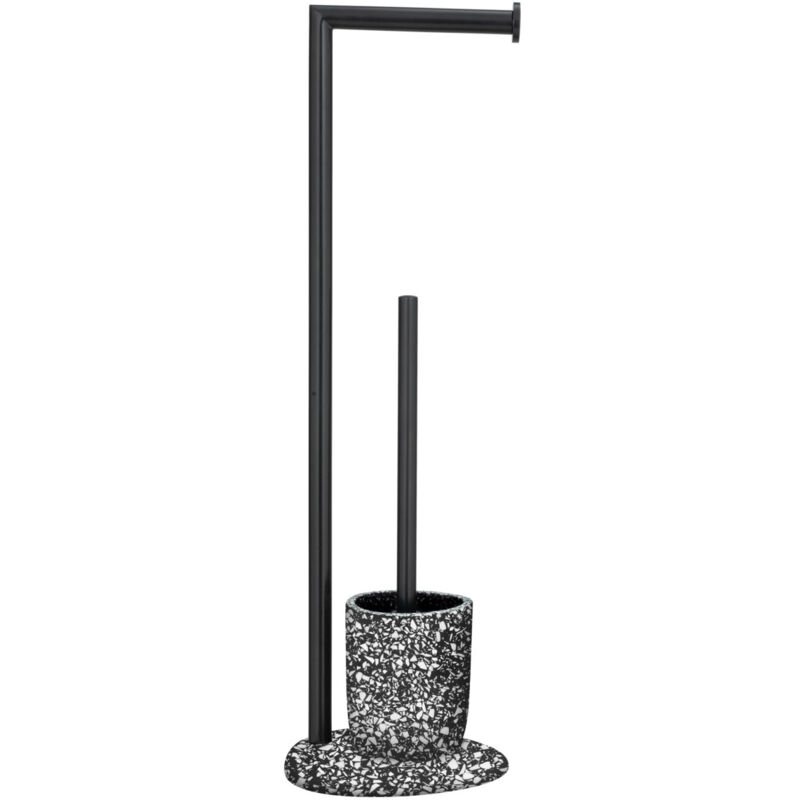 Serviteur wc 2en1 Terrazzo avec brosse wc et dérouleur papier toilette , Acier - Polyrésine, 19x62x18,5 cm, noir - Wenko
