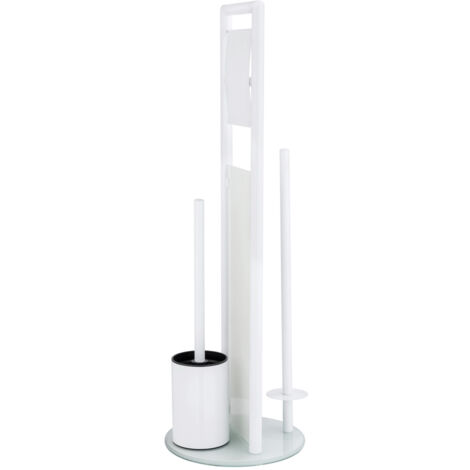 Wenko – Serviteur WC 3 en 1 – Brosse WC et dérouleur papier toilette – Acier inox et verre trempé – Range jusqu'à 3 rouleaux – 20x70 cm – Blanc