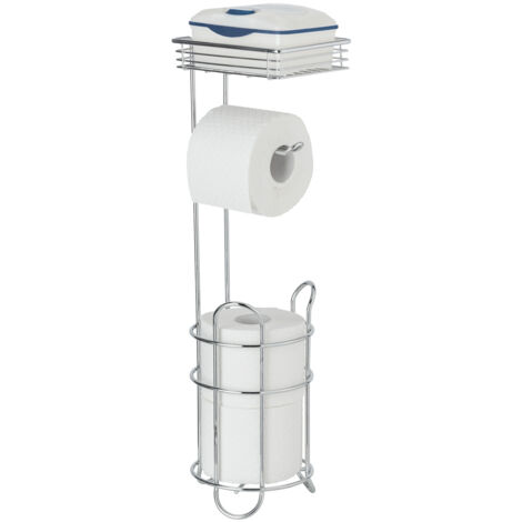WENKO Serviteur WC 3en1, Porte papier papier toilette sur pied avec étagère de rangement et range papier toilette jusqu'à 2 rouleaux, métal, 15x18x59 cm, chromé