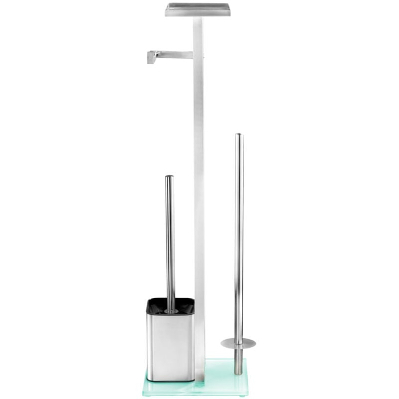 Serviteur wc 4en1 Debar Wenko Brosse wc, dérouleur, tablette et stockage rouleau, Acier inox anti rouille et verre trempé, dim 21x70,5x18 cm, Gris