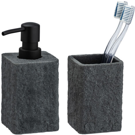 WENKO Set accessoires salle de bain, gobelet brosse à dent, distributeur savon liquide, Villata, aspect béton