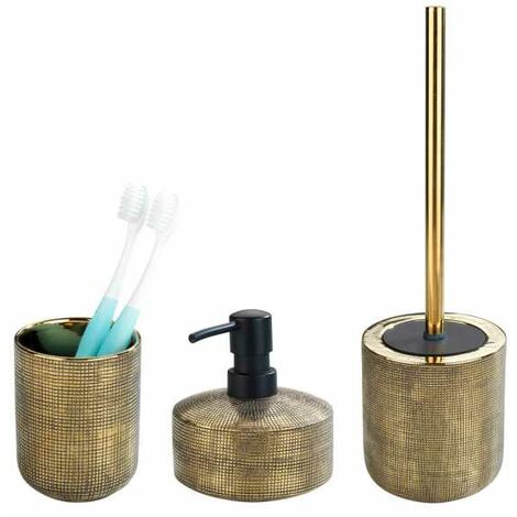 WENKO Set accessori bagno, bicchiere porta spazzolino, dispenser sapone liquido, spazzola WC, Ceramica, Rivara, effetto "oro"