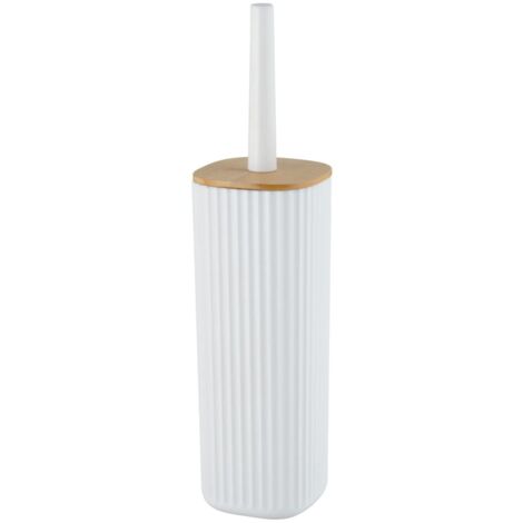 WENKO Set da bagno Rotello, portaspazzolone chiuso in plastica di qualità con coperchio in bambù e superficie rigata, Ø 10 x 36 cm, scopino incluso, spazzola sostituibile, bianco/naturale