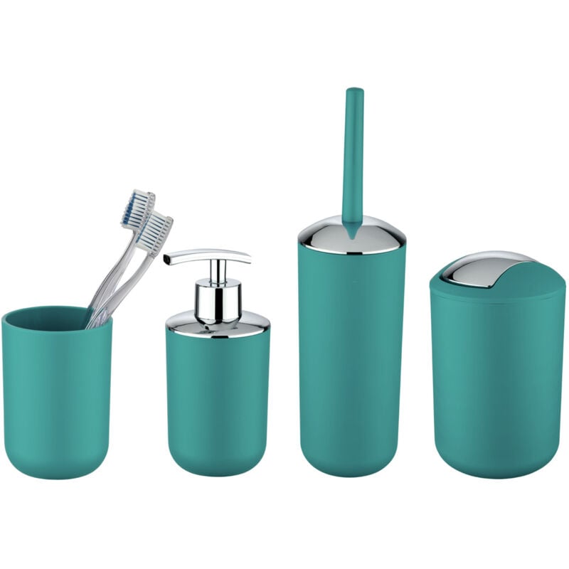 Accessoires salle de bain Wenko Set Brasil 4 pièces brosse savon distributeur de savon poubelle salle de bain gobelet à dents couleur turquoise