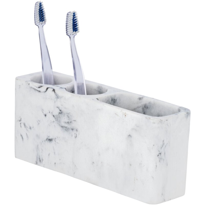 Support brosse à dent Desio, Gobelet salle de bain avec 3 compartiments pour brosse à dents et dentifrice, polyrésine effet marbre, 22x10,2x6,4 cm,