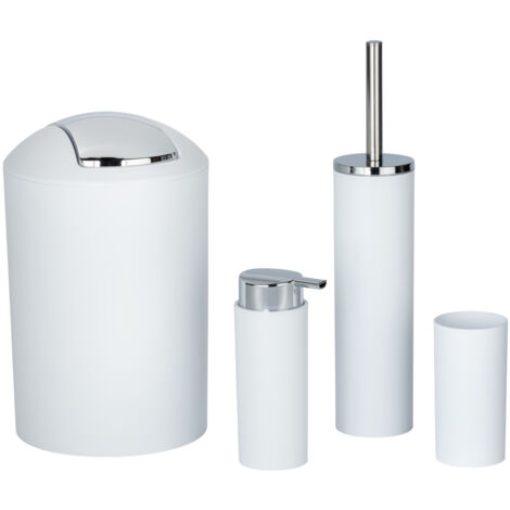 Wenko – Set de 4 accessoires salle de bain – Distributeur de savon liquide – Gobelet brosse à dents – Brosse WC – Poubelle 6,5L – Plastique blanc