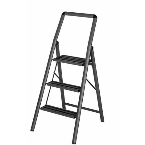 WENKO Sgabello a 3 gradini, piccolo sgabello pieghevole, gradini antiscivolo, leggero 4,05 kg, alluminio, 48x114,5x6 cm, grigio scuro