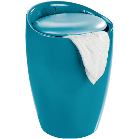 WENKO Sgabello Cesto per la biancheria, cesto per la biancheria e sgabello per il bagno Candy, cuscino rimovibile, Plastica, 20 litri, Ø 36x50,5 cm, Turchese
