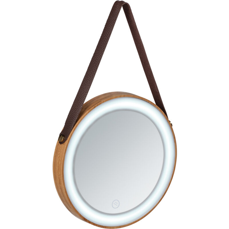 Image of WENKO Specchio da parete LED Usini, specchio illuminato in bambù, marrone, bambù naturale, plastica marrone, vetro argento lucido