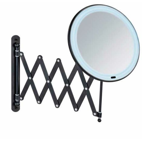 WENKO Specchio da parete telescopico LED Barona, specchio da trucco estensibile con illuminazione LED e ingrandimento 5x, accensione/spegnimento tramite pulsante, funziona a batteria o con cavo USB, n