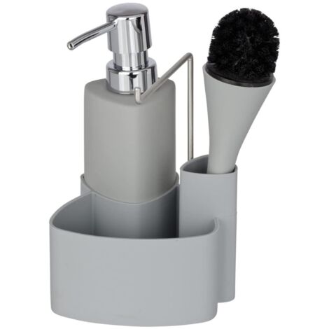 WENKO Spül-Set Empire Grau - Spülmittelspender, Spülbürste, Handtuchhalter, Fassungsvermögen 0.25 L, Soft-Touch Keramik, 11 x 19 x 12.5 cm, Grau