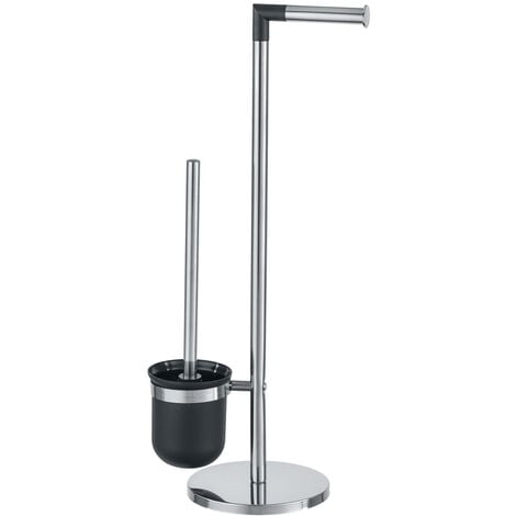 WENKO Stand WC-Garnitur Parus Edelstahl glänzend, 2in1 Kombination aus glänzendem Edelstahl, Silber glänzend, Edelstahl rostfrei glänzend, Kunststoff schwarz