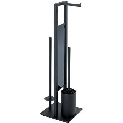 WENKO Stand WC-Garnitur Rivalta Schwarz matt, integrierter Toilettenpapierhalter und WC-Bürstenhalter, Schwarz, Stahl schwarz, Gehärtetes Glas schwarz, Polypropylen schwarz - schwarz