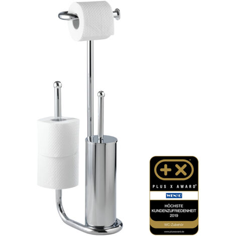 Wenko – Stand WC-Porte brosse sur pied 3 en 1 – Acier chromé – Porte-papier toilette et rouleau – Dimensions 23 x 62 cm – Tête de brosse Ø 7,5 cm