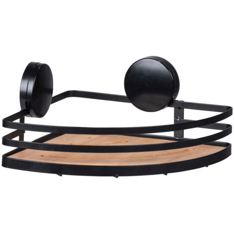 WENKO Static-Loc® Alba, ripiano angolare per il bagno, nero, acciaio nero, bambù naturale