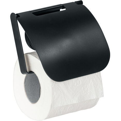 WENKO Static-Loc® Plus WC-Rollenhalter, Schwarz, ohne bohren, Befestigen Schwarz, Toilettenpapierhalter schwarz (ABS) , schwarz Deckel mit Stahl Kunststoff Pavia