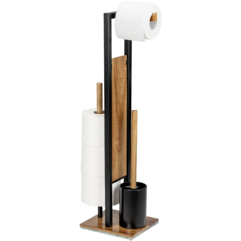 Wenko – Support porte-papier et brosse WC en acier laqué noir et bois d'acacia – Dimensions 18x70x23 cm – Résistant à l'humidité