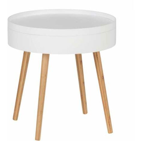 WENKO Table d'appoint ronde avec rangement Finja, bout de canapé rond avec tiroir, pied bambou style scandinave, MDF, Ø 49,5 x 51,5 cm, blanc