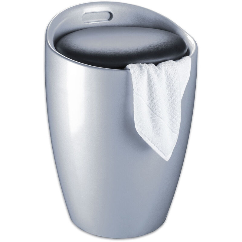 Tabouret Panier à linge, coffre à linge et tabouret salle de bain Candy, coussin amovible, capacité 20 litres, Plastique, ø 36x50,5 cm, Argent - Wenko