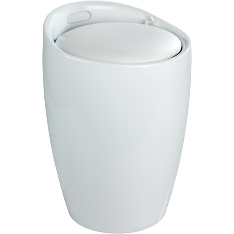 WENKO Tabouret Panier à linge, coffre à linge et tabouret salle de bain, coussin amovible, similicuir blanc, 20 litres, Canaro, plastique, 35x50x35 cm, blanc