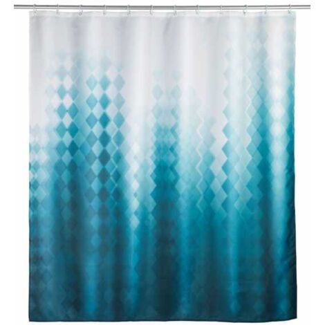 WENKO Tenda per doccia Tullin, 180 x 200 cm, tenda in 100% poliestere con occhielli in metallo e banda con peso in gomma per doccia e vasca, idrorepellente e lavabile, inclusi 12 anelli bianchi