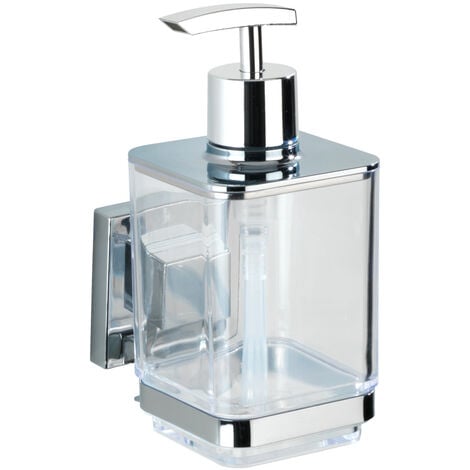 WENKO Vacuum-Loc® Seifenspender Quadro Edelstahl, Befestigen ohne bohren, Silber glänzend, Edelstahl rostfrei glänzend, Kunststoff (ABS) chrom, Polystyrol transparent