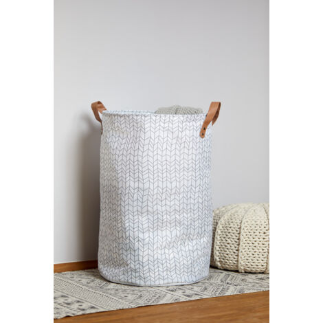 WENKO Wäschesammler Geo, Wäschekorb, 75 l, Weiß, Polyester weiß, Polyurethan braun