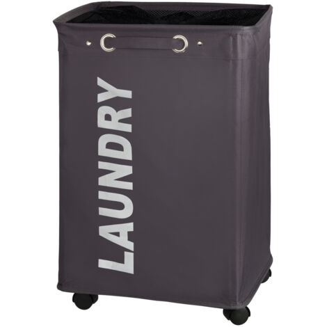 WENKO Wäschesammler Quadro Grau, Wäschekorb, 79 l, Grau, Polyester dunkelgrau, Polypropylen schwarz, Fiberglas schwarz