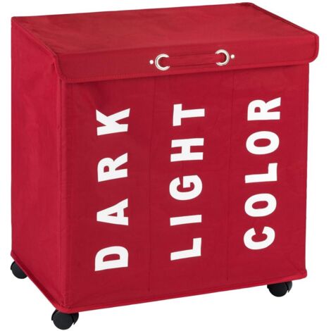WENKO Wäschesammler Trivo, Wäschekorb mit Rollen und Deckel, 116 Ltr Stauraum, 3 Fächer, 56x60x35cm, Aufschriften Dark, Light, Color, Rot