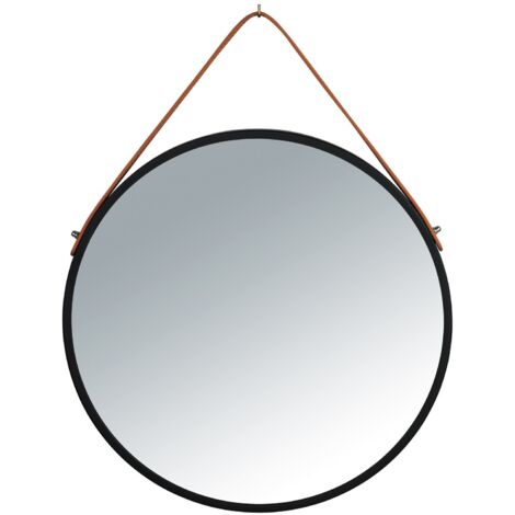 WENKO Wandspiegel Borrone rund 40 cm, schwarz mit Aufhänge-Gurt, Schwarz, Eisen schwarz, Glas silber glänzend