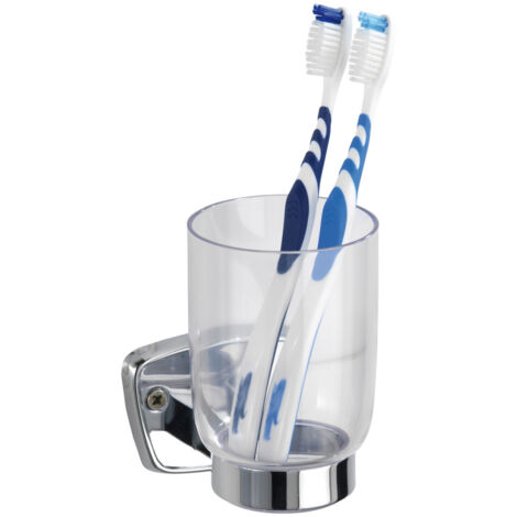 WENKO Zahnputzbecher und Halter Basic, Silber glänzend, Edelstahl rostfrei glänzend , Kunststoff transparent