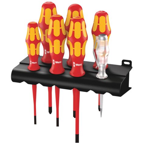 Wera 160 iS/7 Rack Schraubendrehersatz Kraftform Plus Serie 100 + einpoliger Phasentester + Rack. Mit reduziertem Klingendurchmesser, 7-tlg.