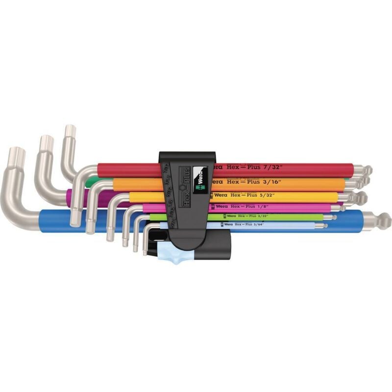 Wera - 3950/9 Hex-Plus Multicolour Imperial Stainless 1 6 pans intérieurs Jeu de clés mâles coudées 5/64 pouces, 3/32 pou
