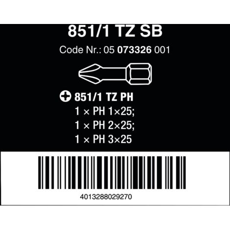 Wera 851/1 TZ SB SiS 05073326001 Inserto a Croce PH 1, PH 2, PH 3 Acciaio per utensili duro D 6.3 3 pz.