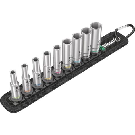 Wera – Coffret cliquet et douilles 1/4 – 9 pièces – Mécanisme Twist to Unlock – Pour vis à six pans extérieurs – Identification par couleur