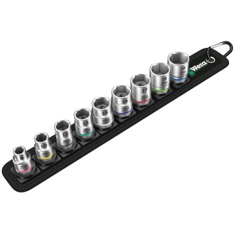 Wera – Jeu de douilles 3/8' – 9 douilles 6 pans de 8 à 19 mm – Mécanisme 'Twist to Unlock' – Support avec mousqueton - SW 8-19