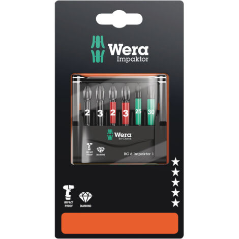 Wera Mini-Check IMP DC 50 mm PH/PZ/TX 05073890001 Jeu d'embouts 6 pièces cruciforme Phillips, vis Pozidriv, TORX® intérieur technologie Impactor C94952
