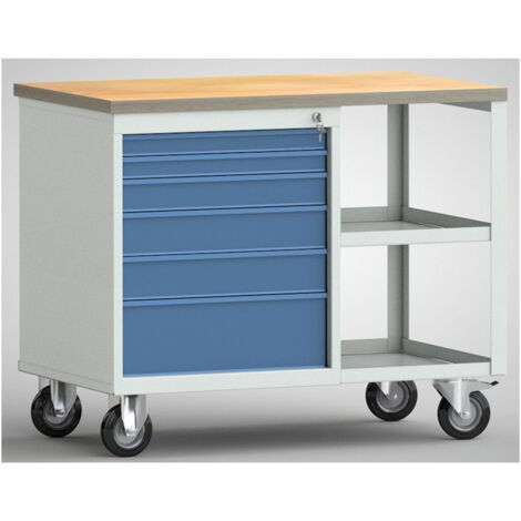 Werkbank PW700 B885xT700xH805mm Buche Multipl. lichtgrau/brillantblau 6Schubl.