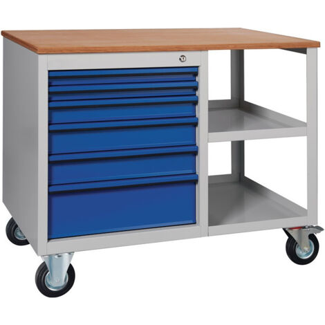 Werkbank PW700 B885xT700xH805mm Buche Multipl. lichtgrau/enzianblau 2 Schubl.