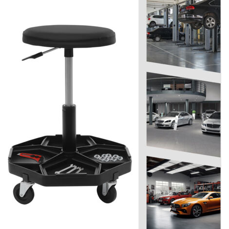 Werkstatthocker, Werkstatt Rollsitz 150 kg belastbar, 41-55cm höhenverstellbar, Werkstattsitz mit Ablage & 4 Rollen, Arbeitshocker für Werkzeug, Pneumatischer Rollhocker
