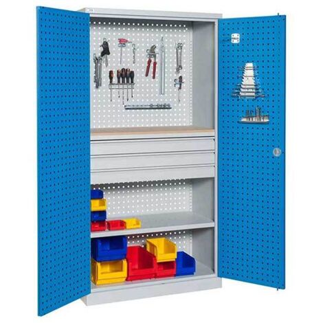 Werkstattschränke, gelocht - 2 Schubladen, 1 Fachboden und Holzboden - Modularer Lagerschrank - W030080003-GCBI