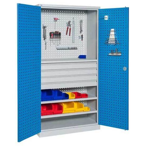 Werkstattschränke, perforiert - 4 Schubladen und 2 Regale - Blau und grau - W030080005-GCBI