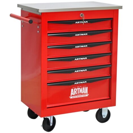 Werkstattwagen mit Rollen - B 62,5 x H 78 x T 34,5 cm - 6 ausziehbare und abschließbare Schubladen - Robuster Stahl - Rot & Schwarz