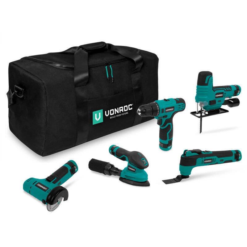 Image of Vonroc - Werkzeug-Set 12V – Inkl. 5 Maschinen, 5 Akkus und Werkzeugtasche